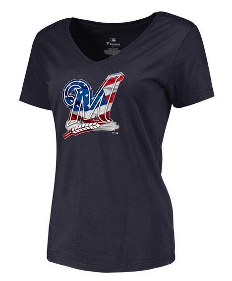 2020 MLB Women Milwaukee Brewers Navy Banner Wave Slim Fit TShirt->mlb t-shirts->Sports Accessory